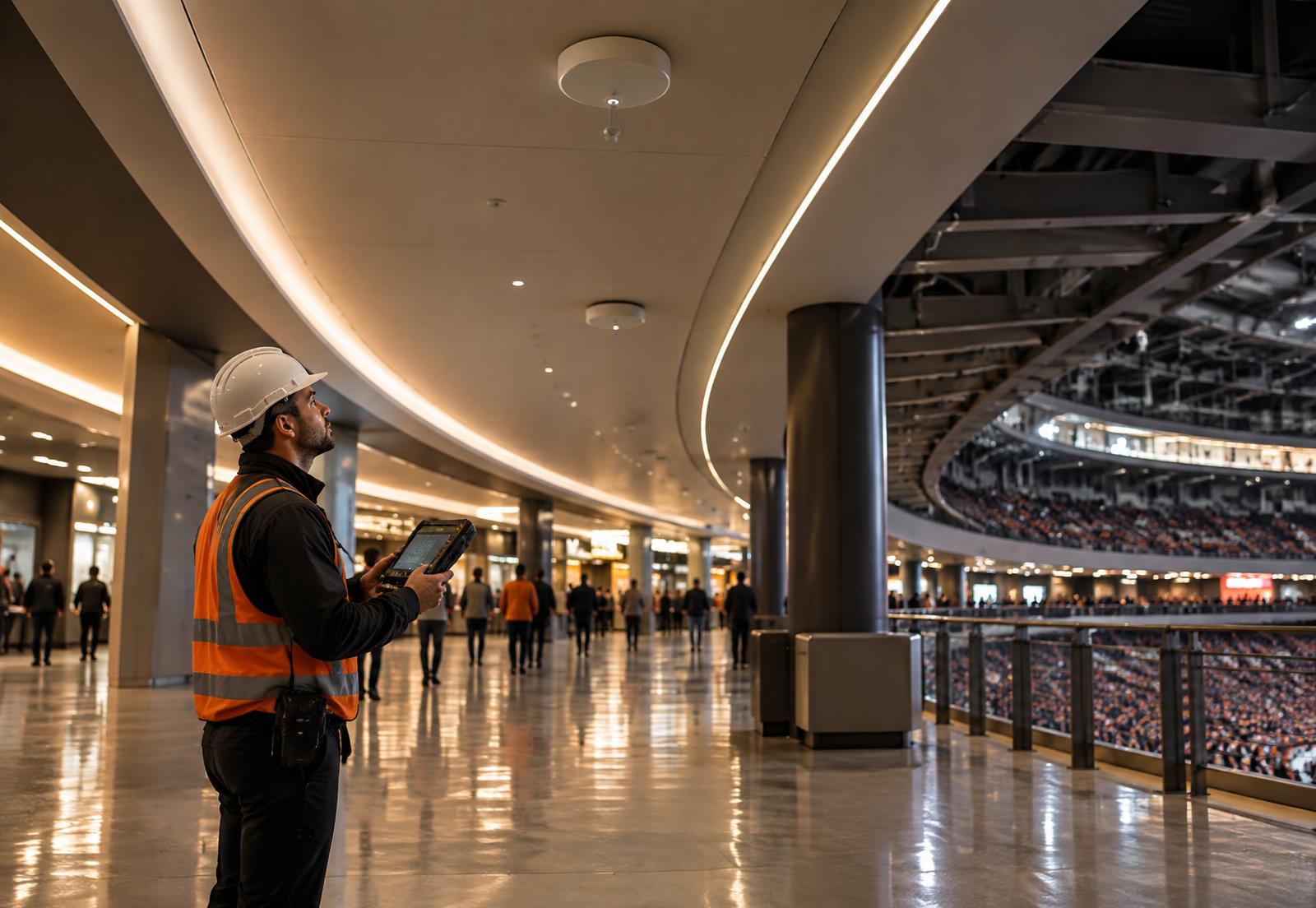 Engineer verifying distributed antenna coverage inside a major arena