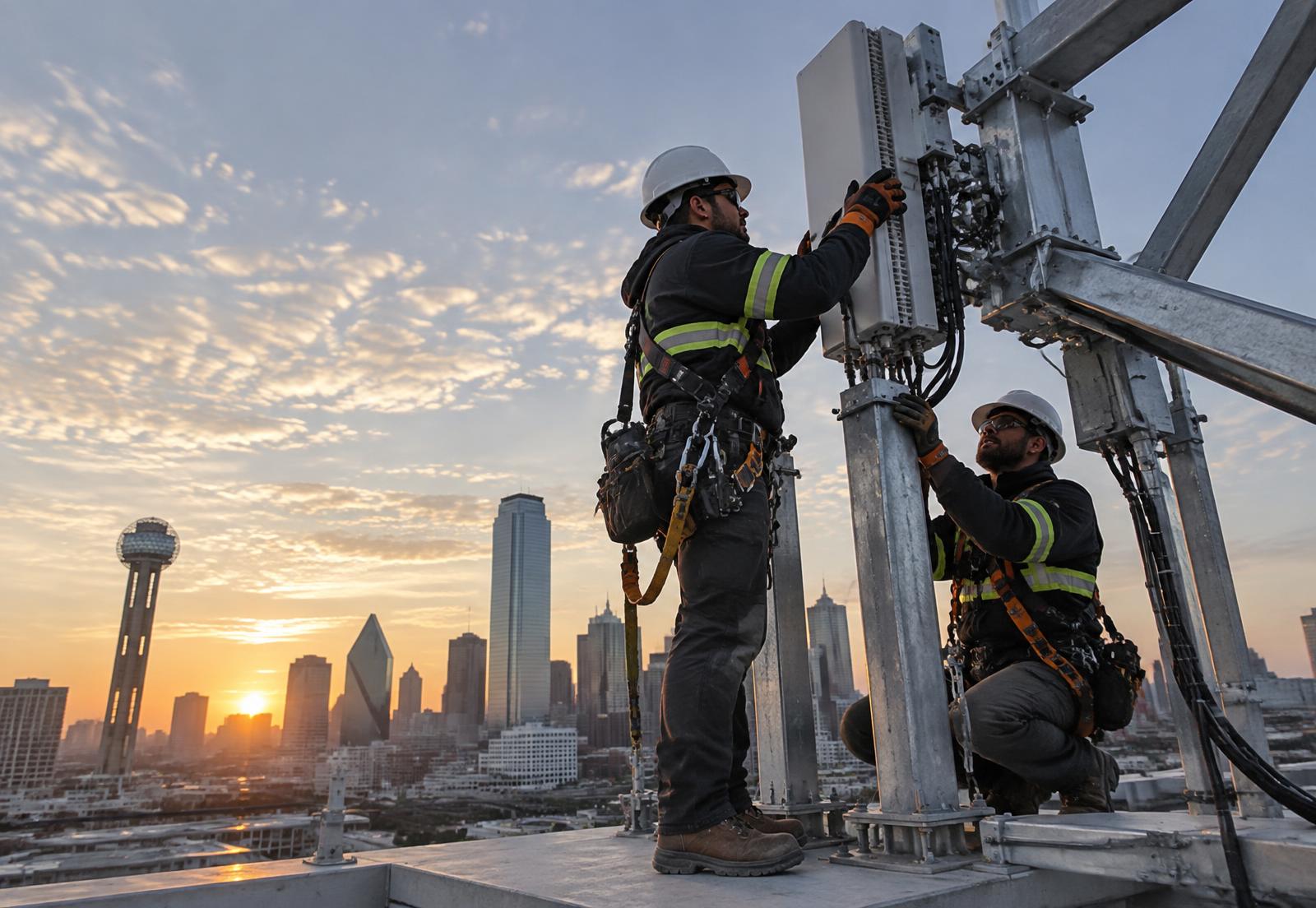 Telecommunications crew installing a small-cell antenna above Dallas